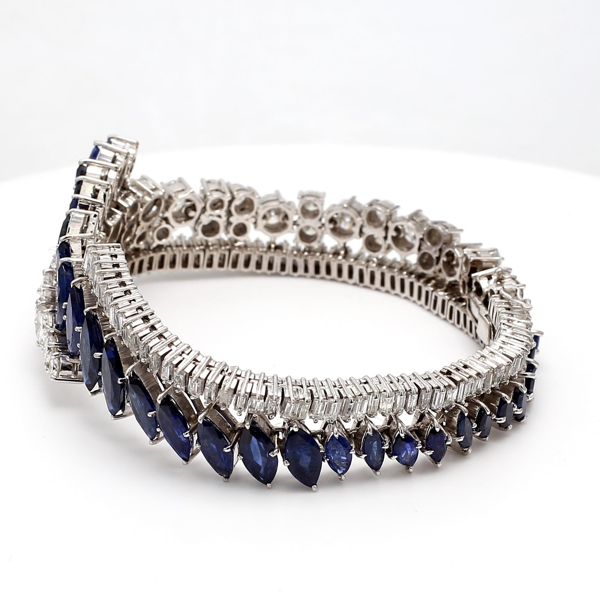 Platinum 1960s Link Bracelet with 9ct Round & Baguette Diamonds 9.95ct Sapphire