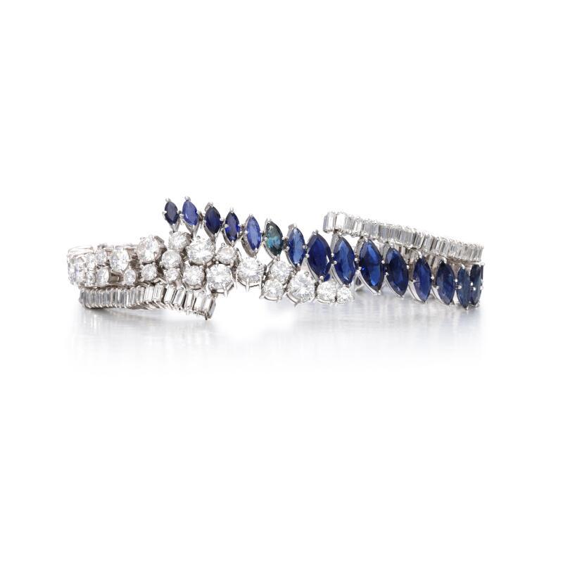 Platinum 1960s Link Bracelet with 9ct Round & Baguette Diamonds 9.95ct Sapphire