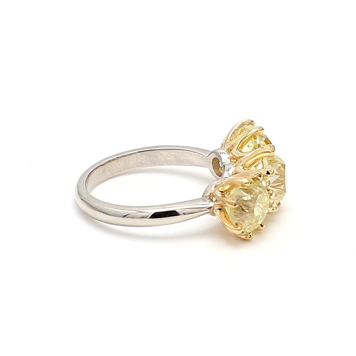 5.59ct Fancy Light Yellow Old European Cut Diamond Three-Stone 18K Gold Ring