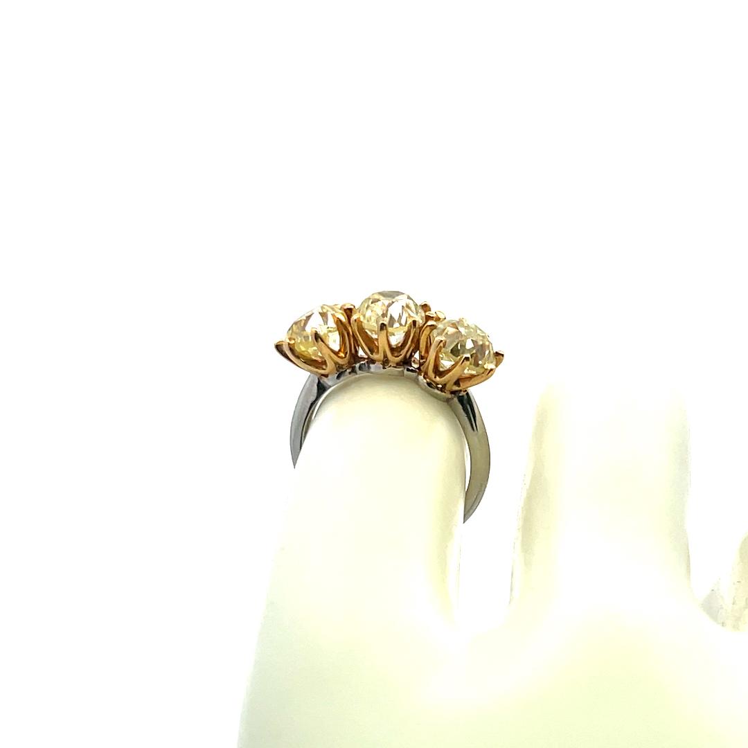 18K Two-Tone Gold Three-Stone Ring 5.59 Carat Old European Diamond Size 6.25 GIA