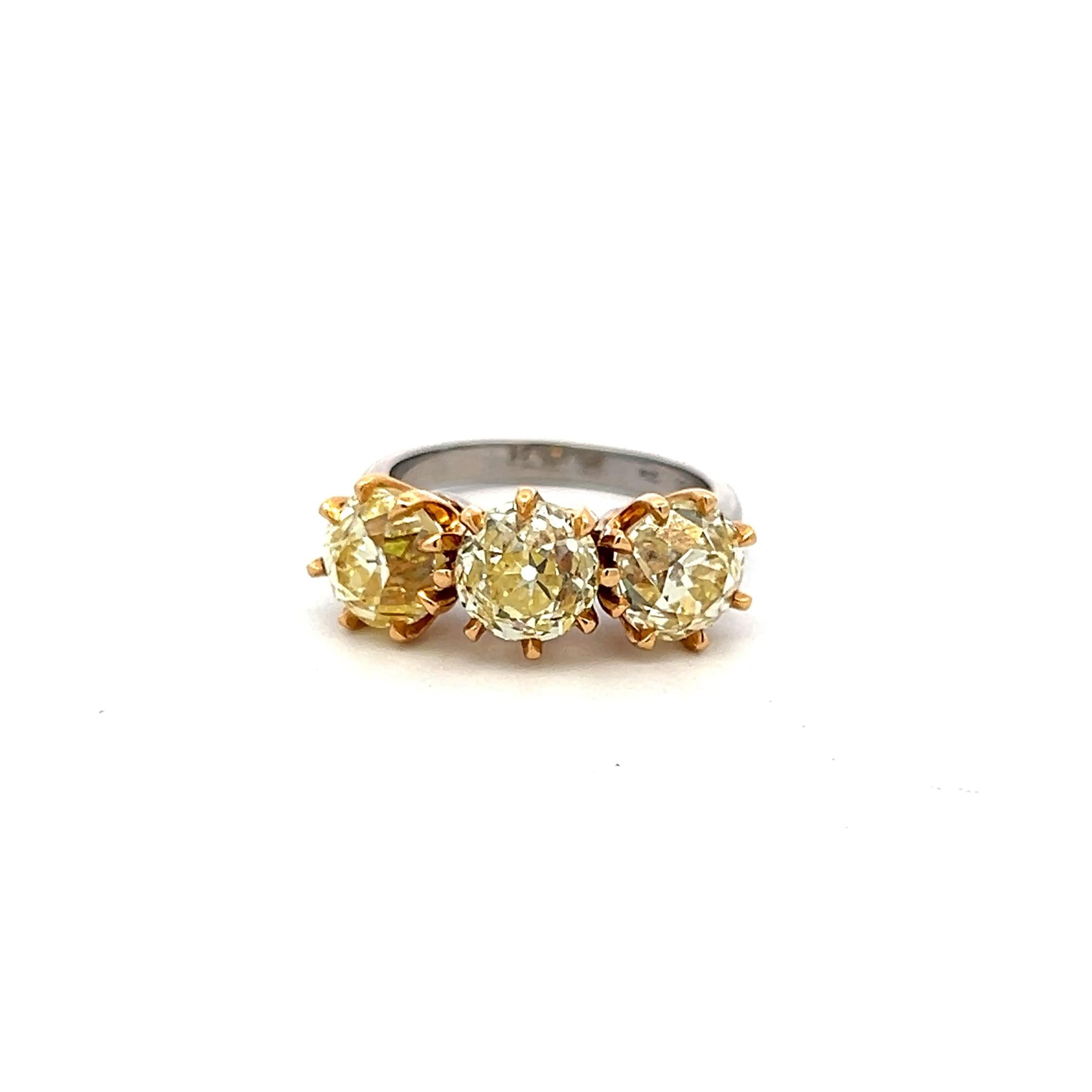 18K Two-Tone Gold Three-Stone Ring 5.59 Carat Old European Diamond Size 6.25 GIA