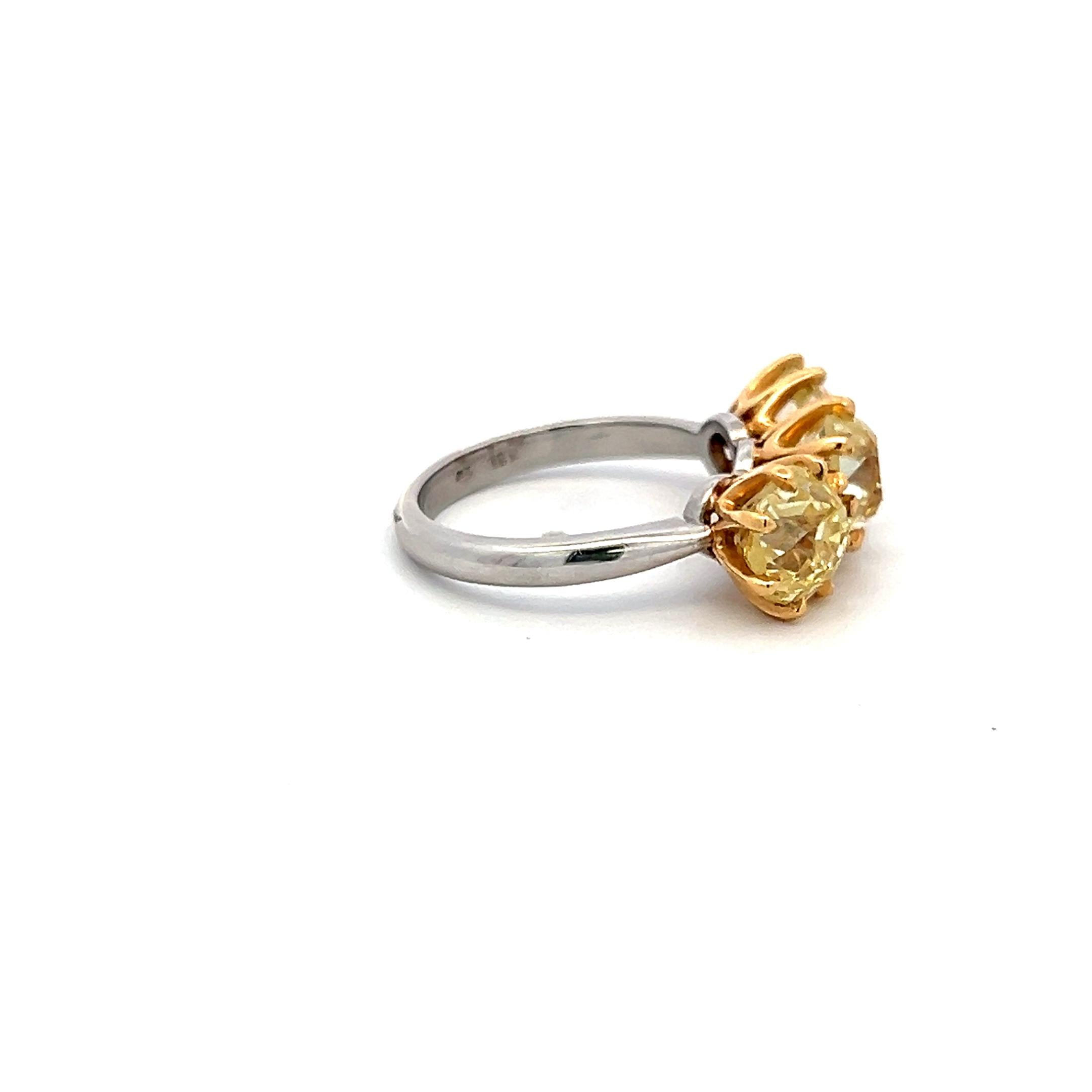 18K Two-Tone Gold Three-Stone Ring 5.59 Carat Old European Diamond Size 6.25 GIA