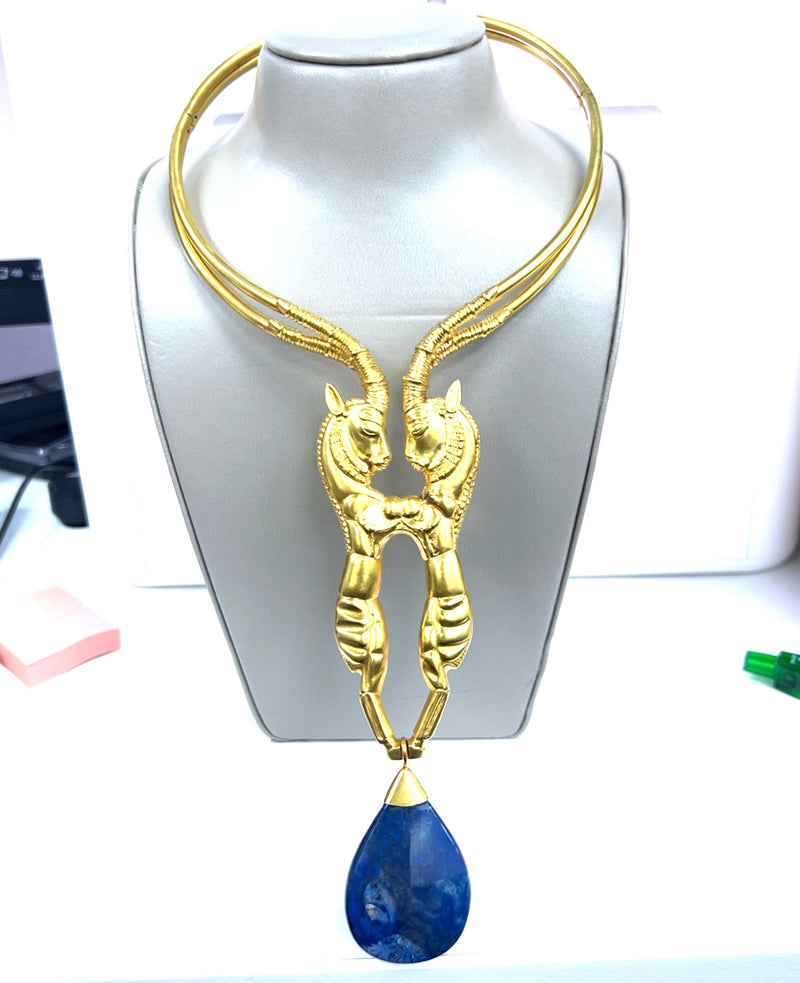 Lalaoonis Ram Head Vintage 177.80 Grams 24 Karat Yellow Gold Collar Necklace