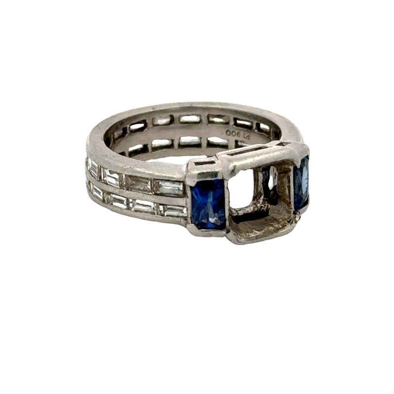 1.60 Carat Baguette Shape Diamond 0.60 Carat Sapphire Platinum Semi Mount Ring