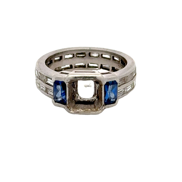 1.60 Carat Baguette Shape Diamond 0.60 Carat Sapphire Platinum Semi Mount Ring