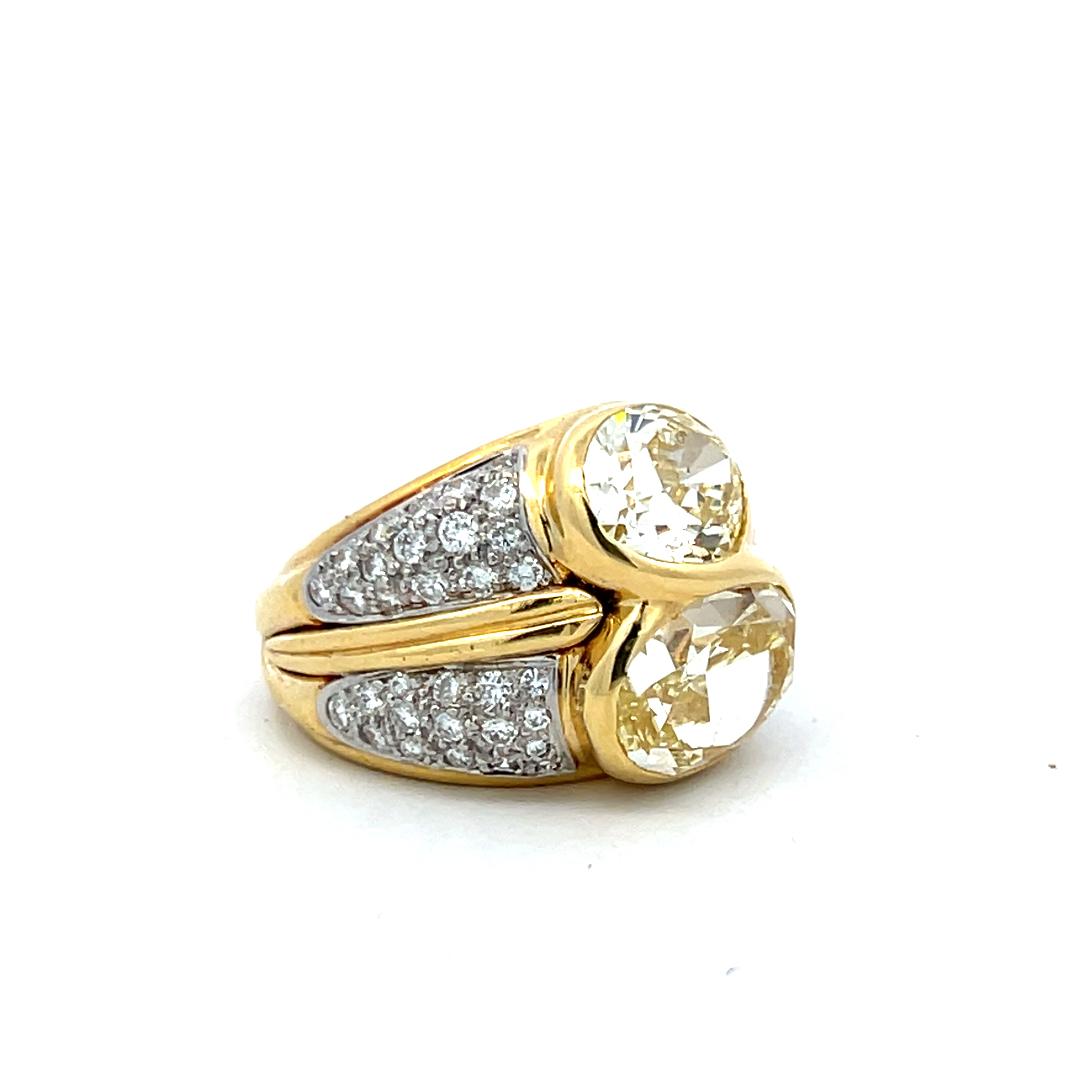 18K YG Two-Stone Ring with 8.27ct Fancy Yellow Oval and White Round Diamonds GIA