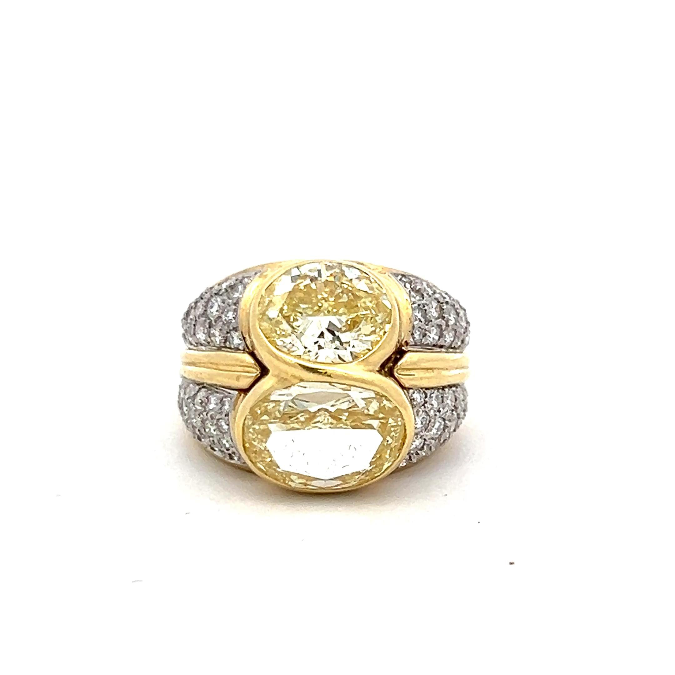 18K YG Two-Stone Ring with 8.27ct Fancy Yellow Oval and White Round Diamonds GIA