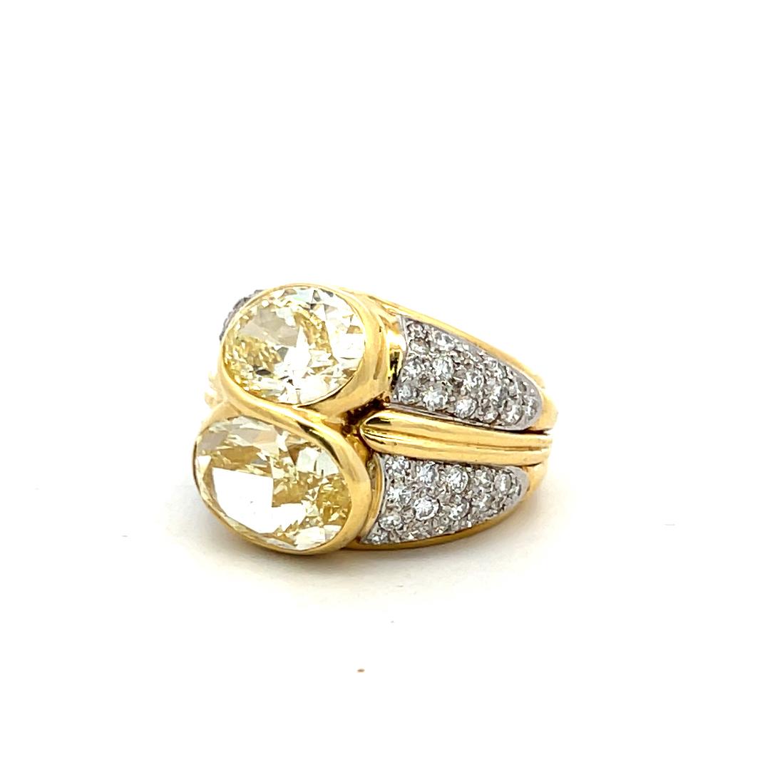 18K YG Two-Stone Ring with 8.27ct Fancy Yellow Oval and White Round Diamonds GIA