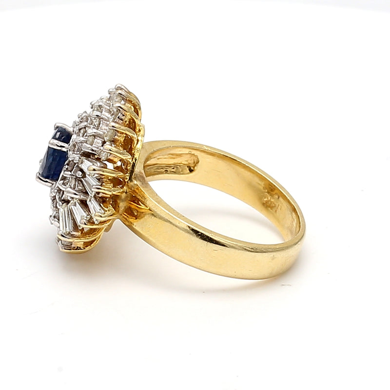 1.62 Carat Round and Baguette Diamond 0.92 Carat Sapphire 14K Yellow Gold Cluster Ring