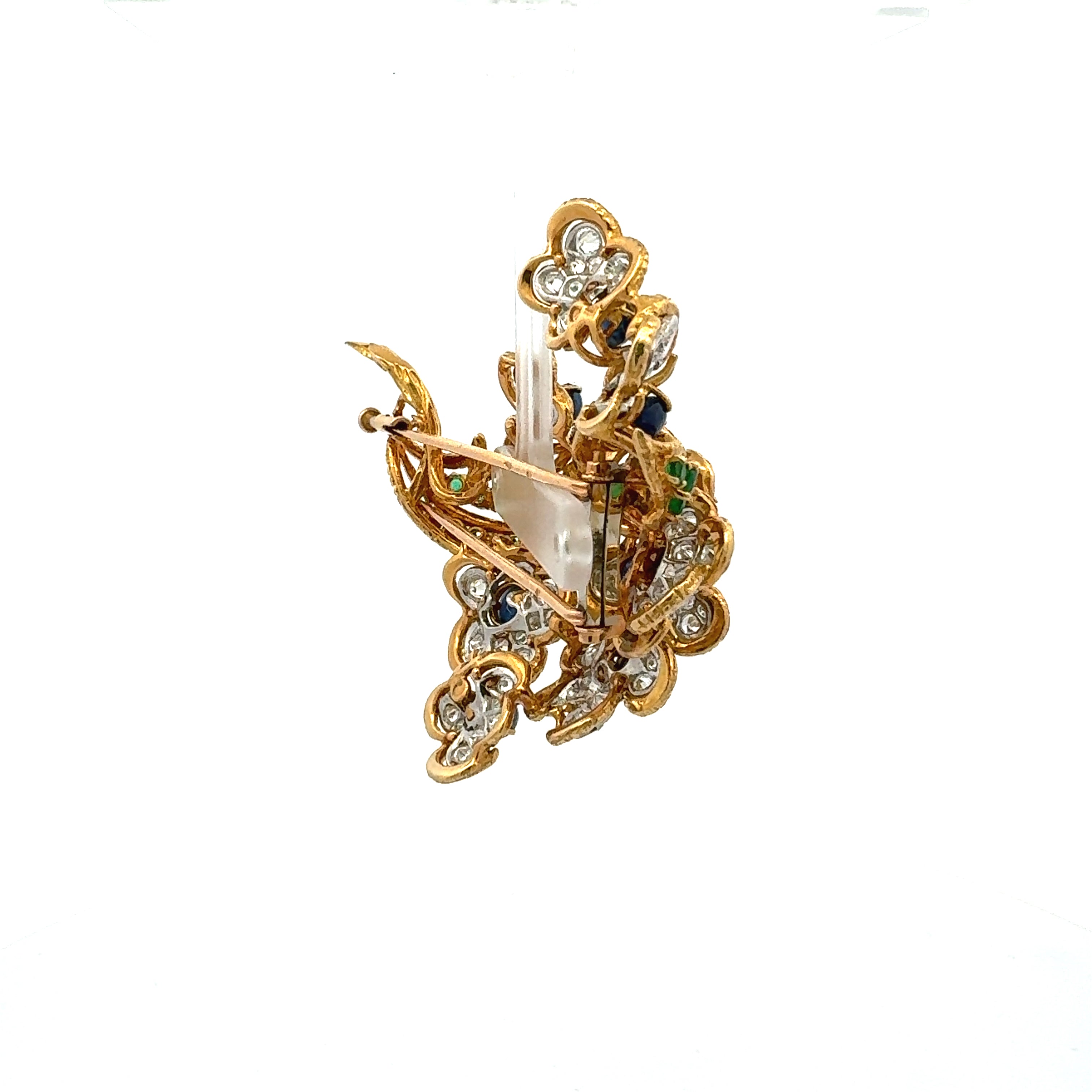 Vassort André 6.50 Carat Diamond 11 Carat Emerald and Sapphire 18K YG Pin Brooch