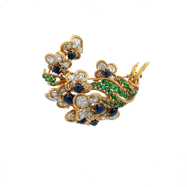 Vassort André 6.50 Carat Diamond 11 Carat Emerald and Sapphire 18K YG Pin Brooch