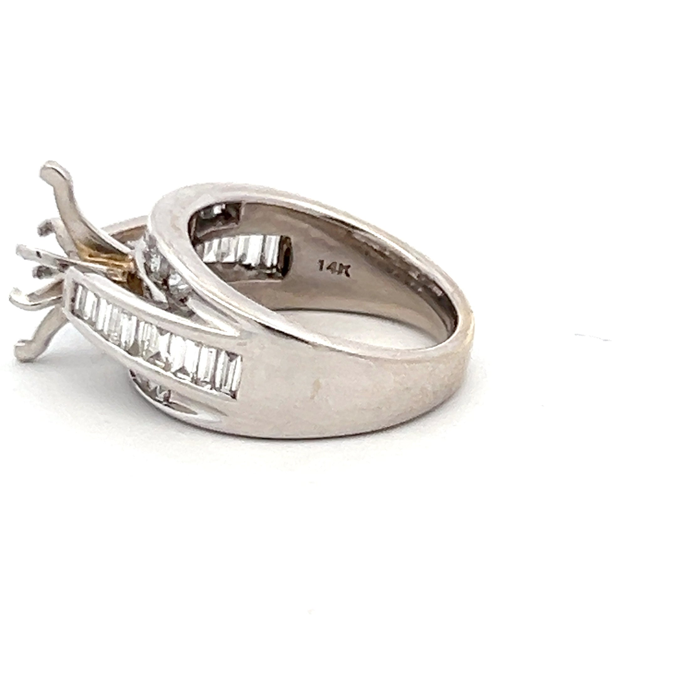 1.35 Carat Baguette and Round Brilliant Diamond 14K White Gold Semi Mount Ring
