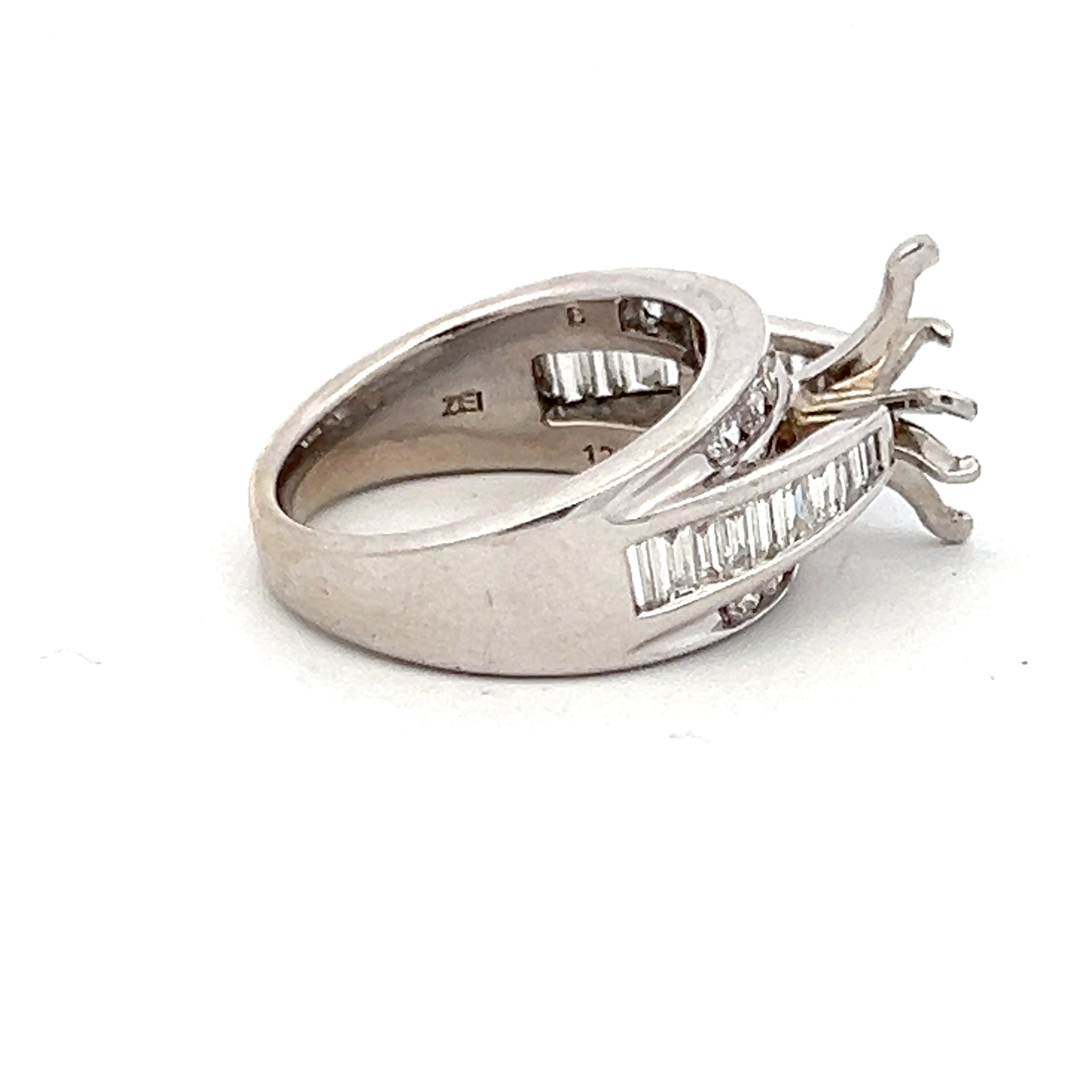 1.35 Carat Baguette and Round Brilliant Diamond 14K White Gold Semi Mount Ring