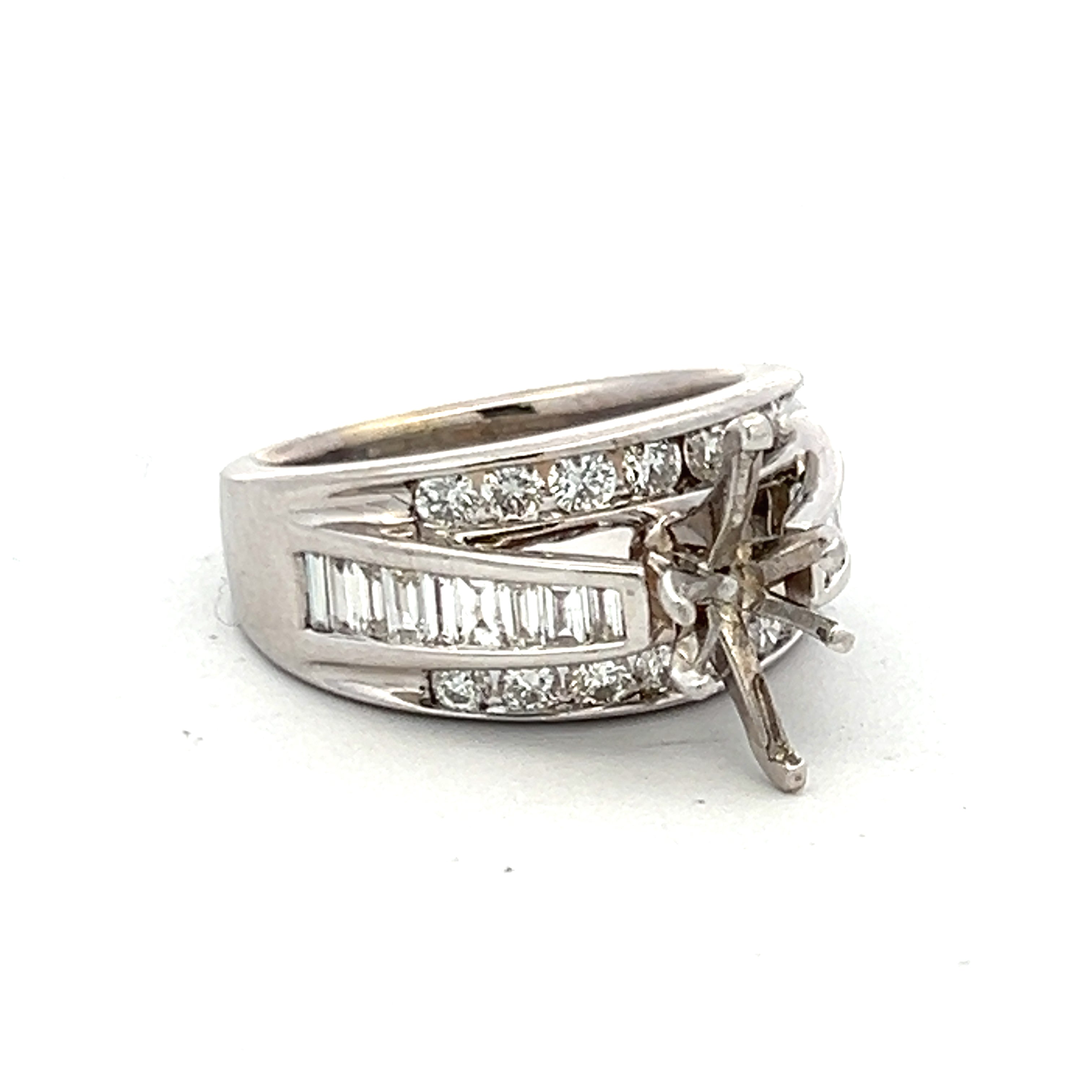 1.35 Carat Baguette and Round Brilliant Diamond 14K White Gold Semi Mount Ring