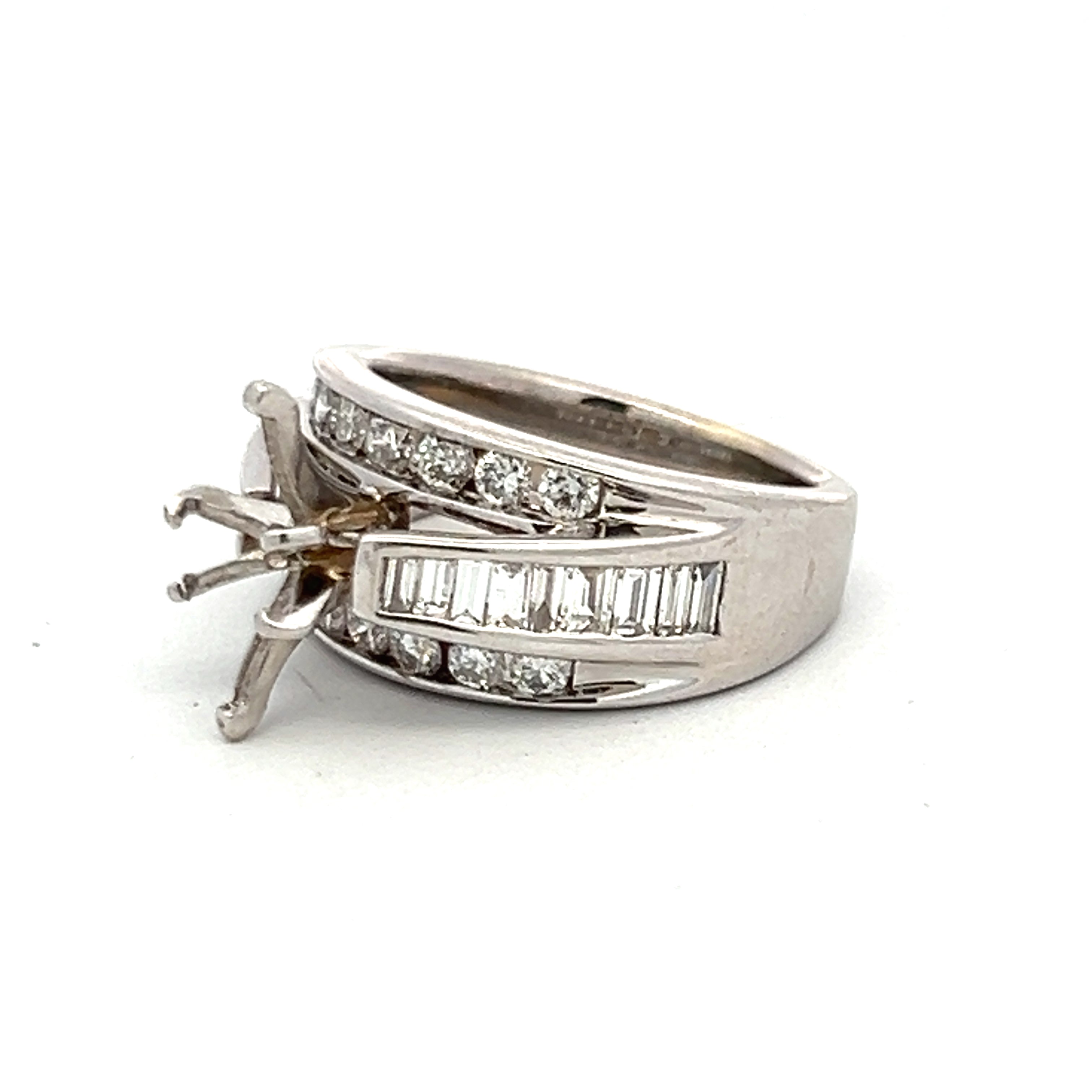 1.35 Carat Baguette and Round Brilliant Diamond 14K White Gold Semi Mount Ring