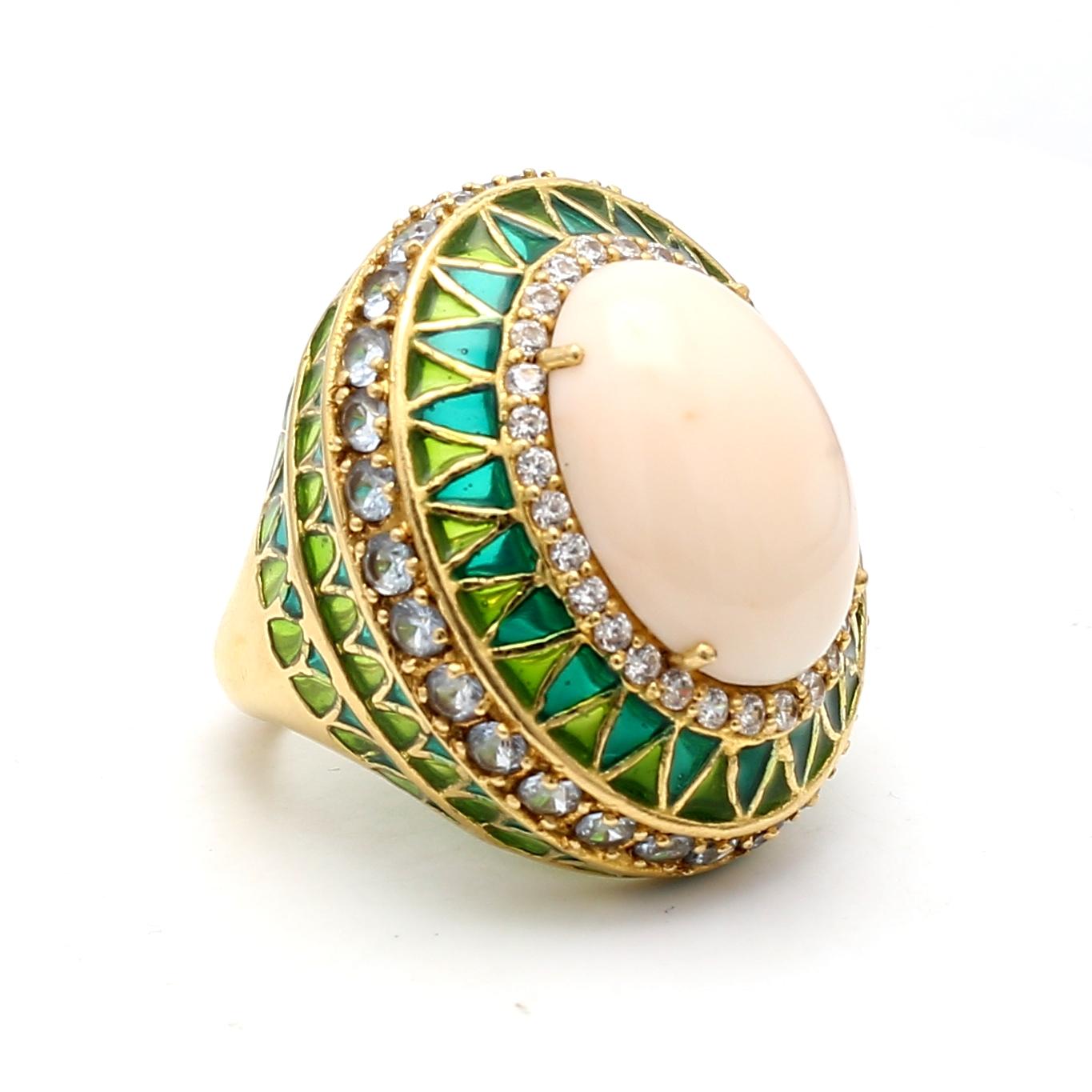 3.00 Carat Aqua 0.40 Carat Round Diamond 19.5-14.6MM Coral 18K YG Cocktail Ring