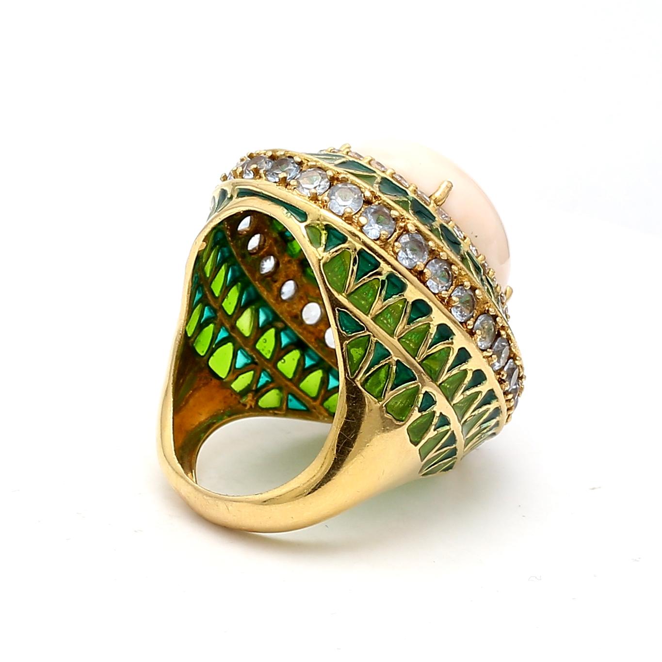 3.00 Carat Aqua 0.40 Carat Round Diamond 19.5-14.6MM Coral 18K YG Cocktail Ring