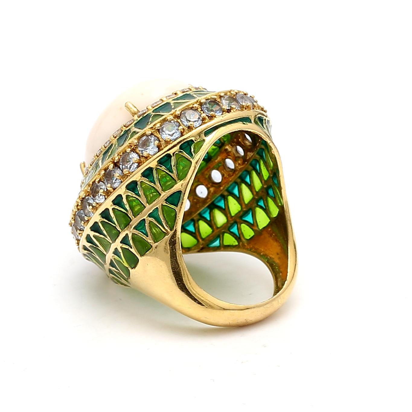 3.00 Carat Aqua 0.40 Carat Round Diamond 19.5-14.6MM Coral 18K YG Cocktail Ring