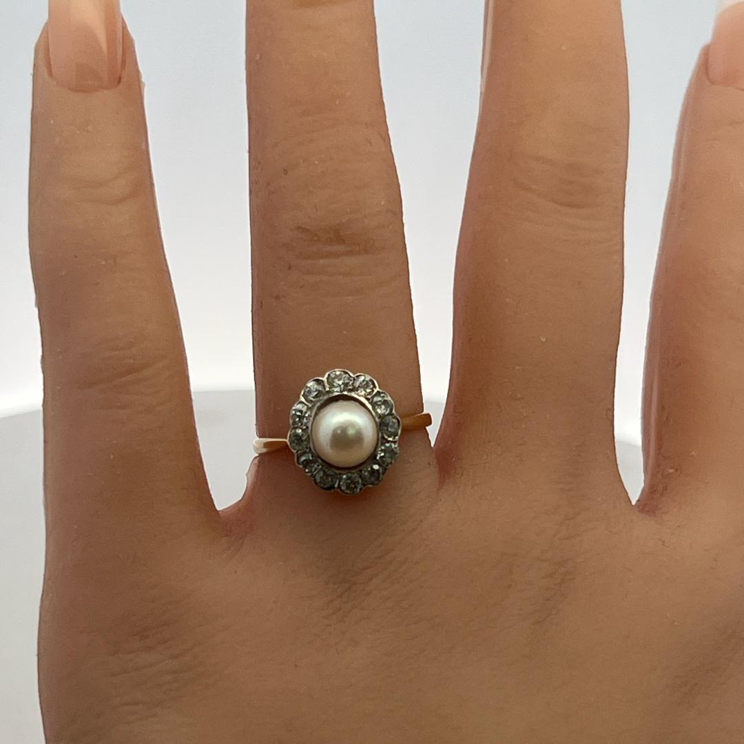 18K Yellow Gold Edwardian Ring 0.3ct Old European Diamonds & Pearl Size 7