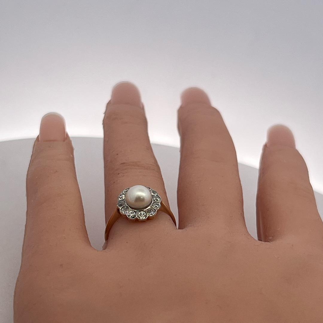 18K Yellow Gold Edwardian Ring 0.3ct Old European Diamonds & Pearl Size 7