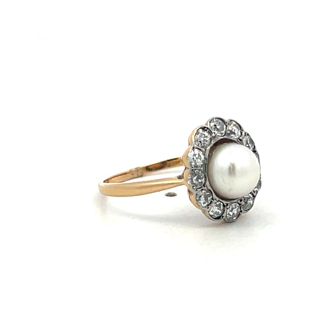 18K Yellow Gold Edwardian Ring 0.3ct Old European Diamonds & Pearl Size 7