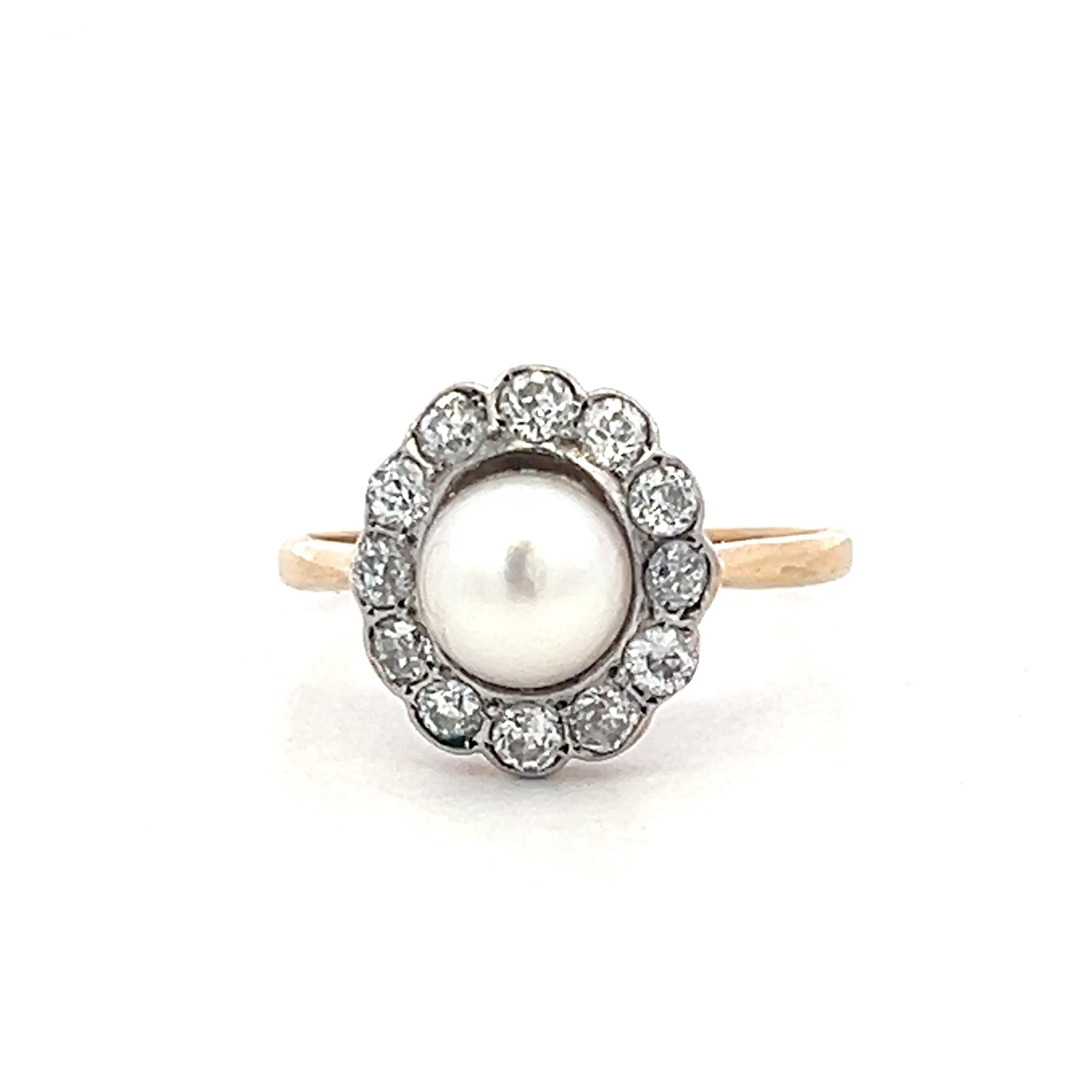 18K Yellow Gold Edwardian Ring 0.3ct Old European Diamonds & Pearl Size 7