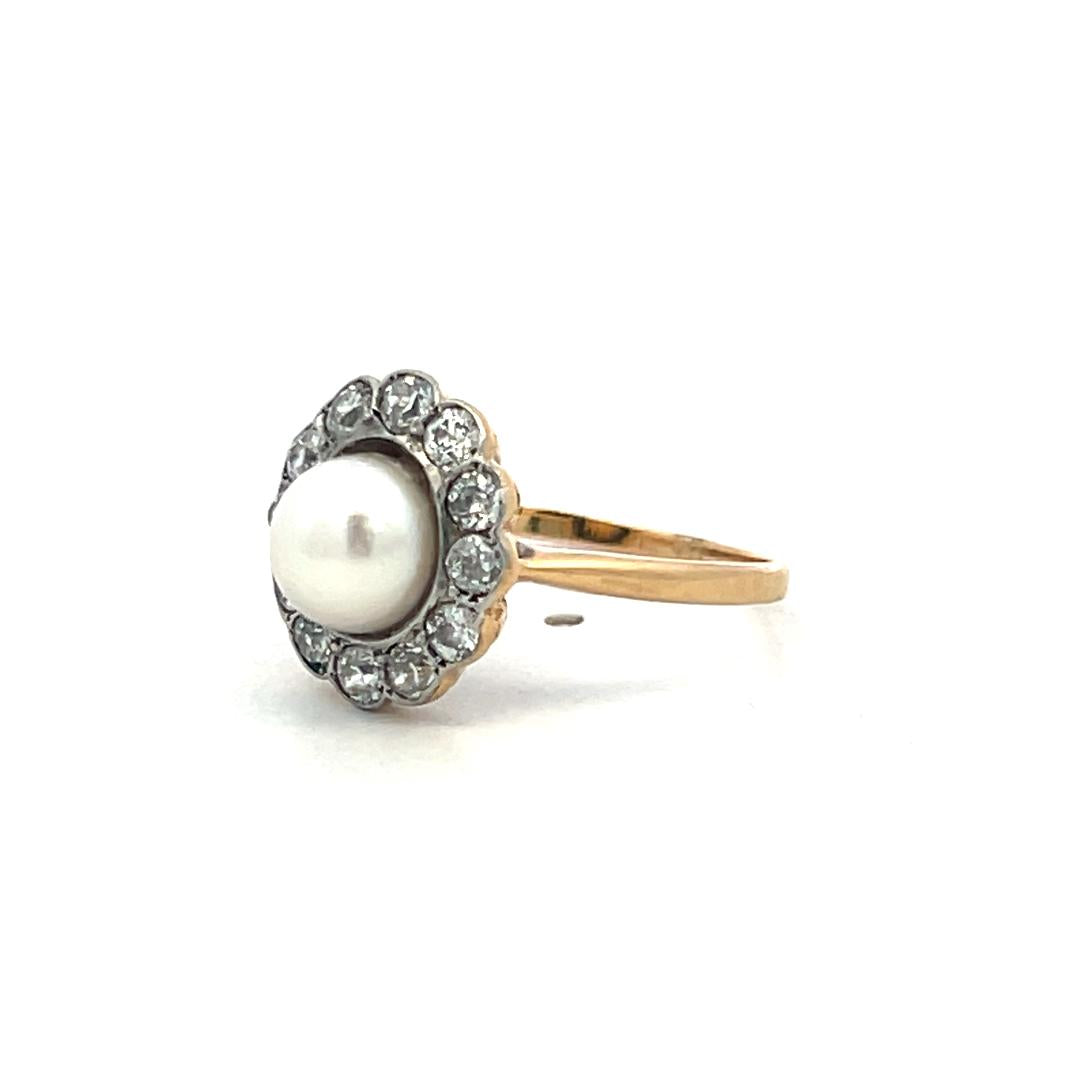 18K Yellow Gold Edwardian Ring 0.3ct Old European Diamonds & Pearl Size 7