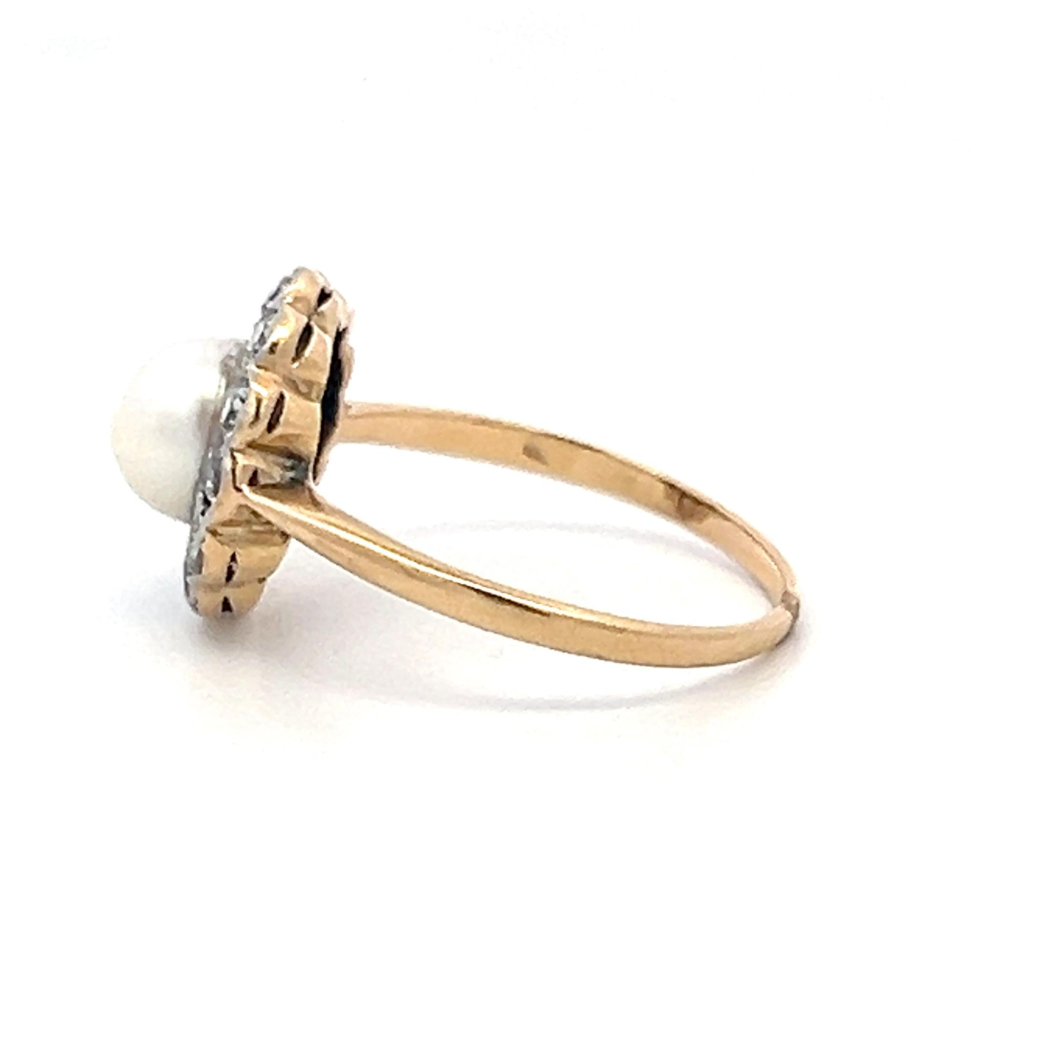 18K Yellow Gold Edwardian Ring 0.3ct Old European Diamonds & Pearl Size 7