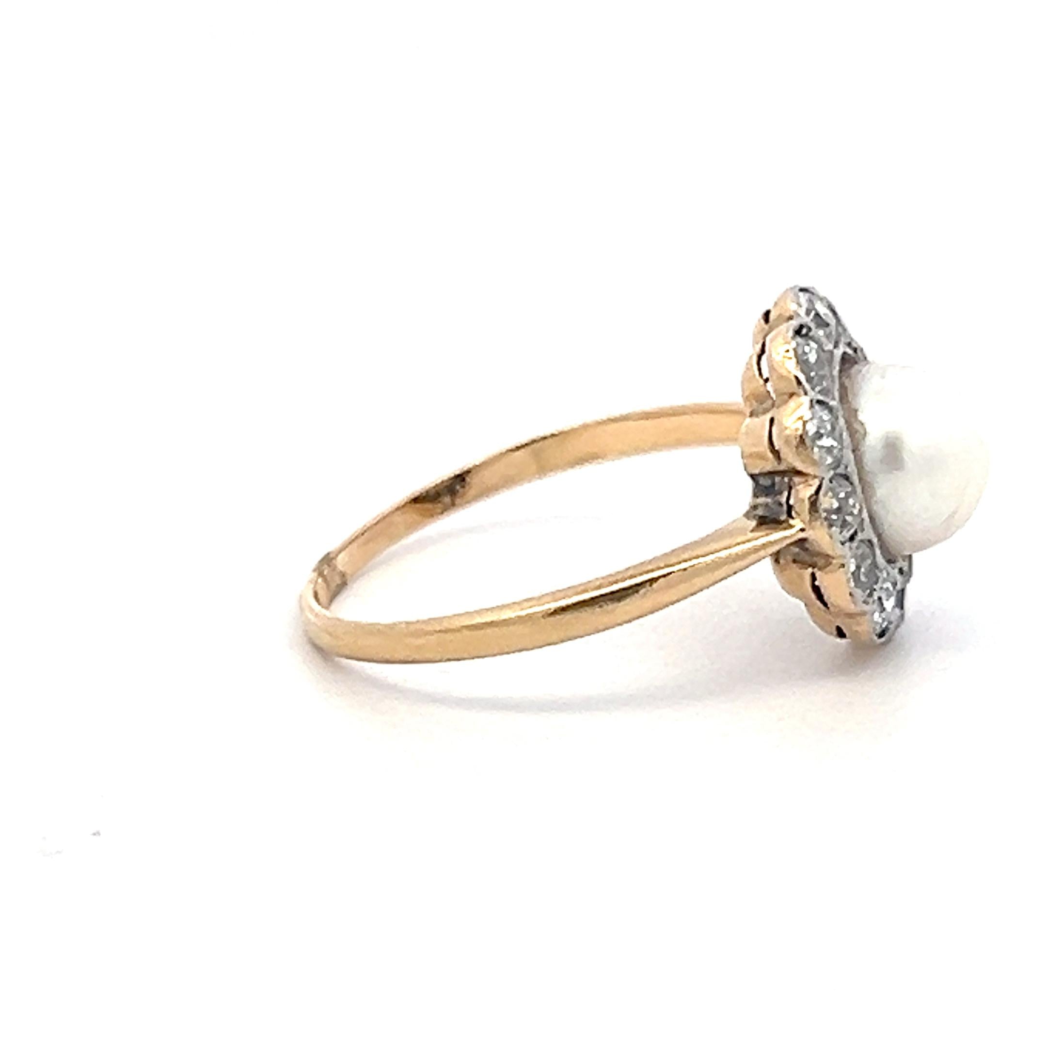18K Yellow Gold Edwardian Ring 0.3ct Old European Diamonds & Pearl Size 7