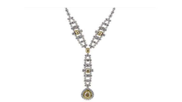 16.55 Carat Round Pear and Oval Fancy Yellow Diamond 18K WG Drop Necklace