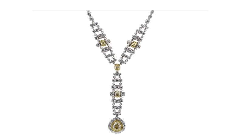 16.55 Carat Round Pear and Oval Fancy Yellow Diamond 18K WG Drop Necklace