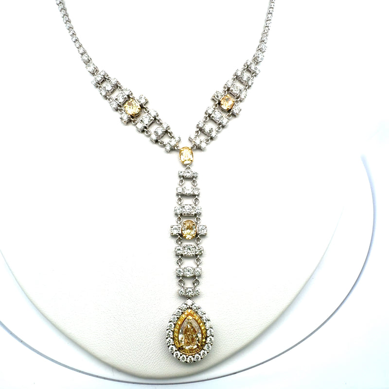 16.55 Carat Round Pear and Oval Fancy Yellow Diamond 18K WG Drop Necklace