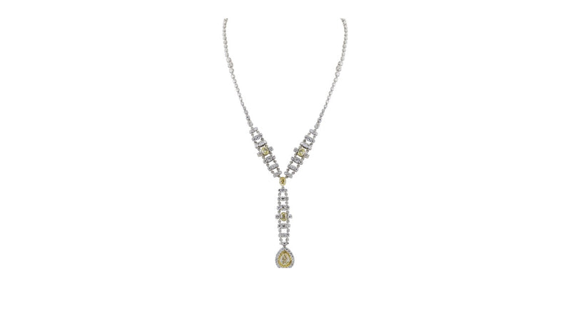 16.55 Carat Round Pear and Oval Fancy Yellow Diamond 18K WG Drop Necklace