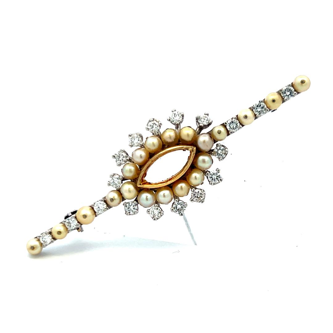 0.90ct Diamond & Pearl 18K White Gold Vintage Edwardian Pin Brooch