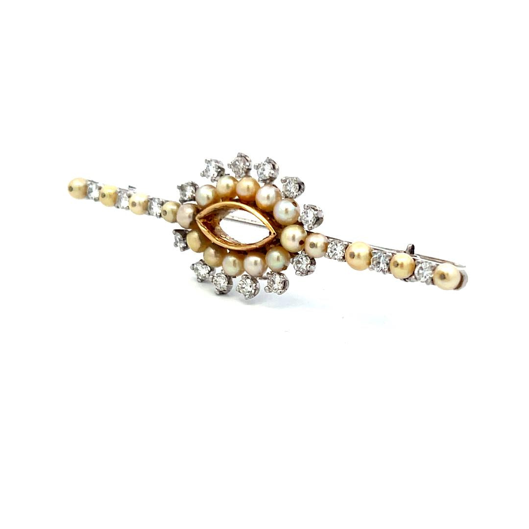 0.90ct Diamond & Pearl 18K White Gold Vintage Edwardian Pin Brooch