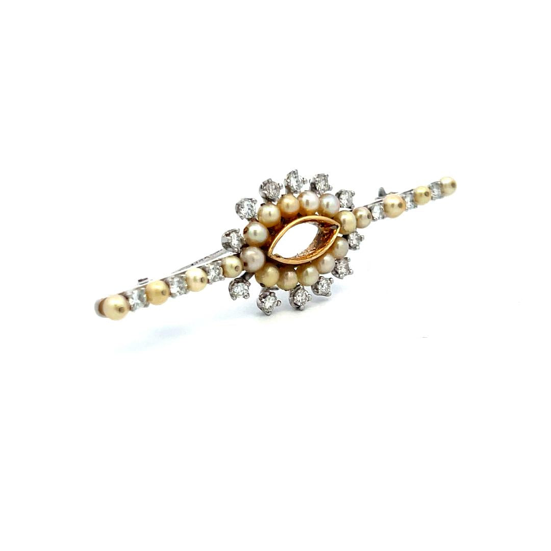 0.90ct Diamond & Pearl 18K White Gold Vintage Edwardian Pin Brooch