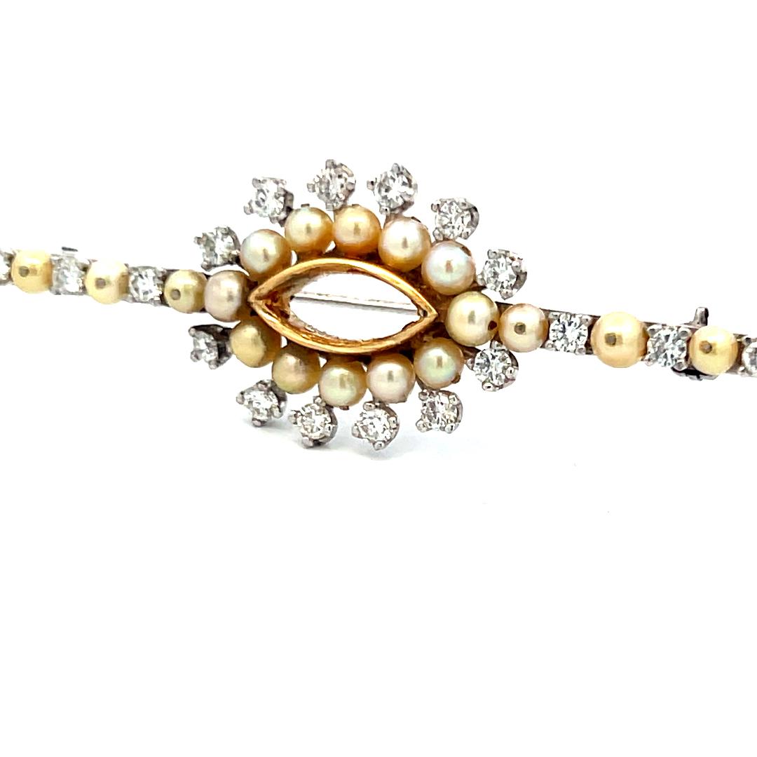0.90ct Diamond & Pearl 18K White Gold Vintage Edwardian Pin Brooch