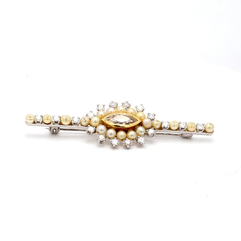 2.40 Carat Marquis and Round Brilliant Diamond 18 Karat White Gold Pin Brooch