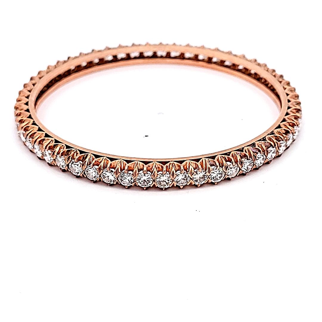 Antique 14K Rose Gold Bangle Bracelet with 8.55 Carat Round Diamonds Size 7
