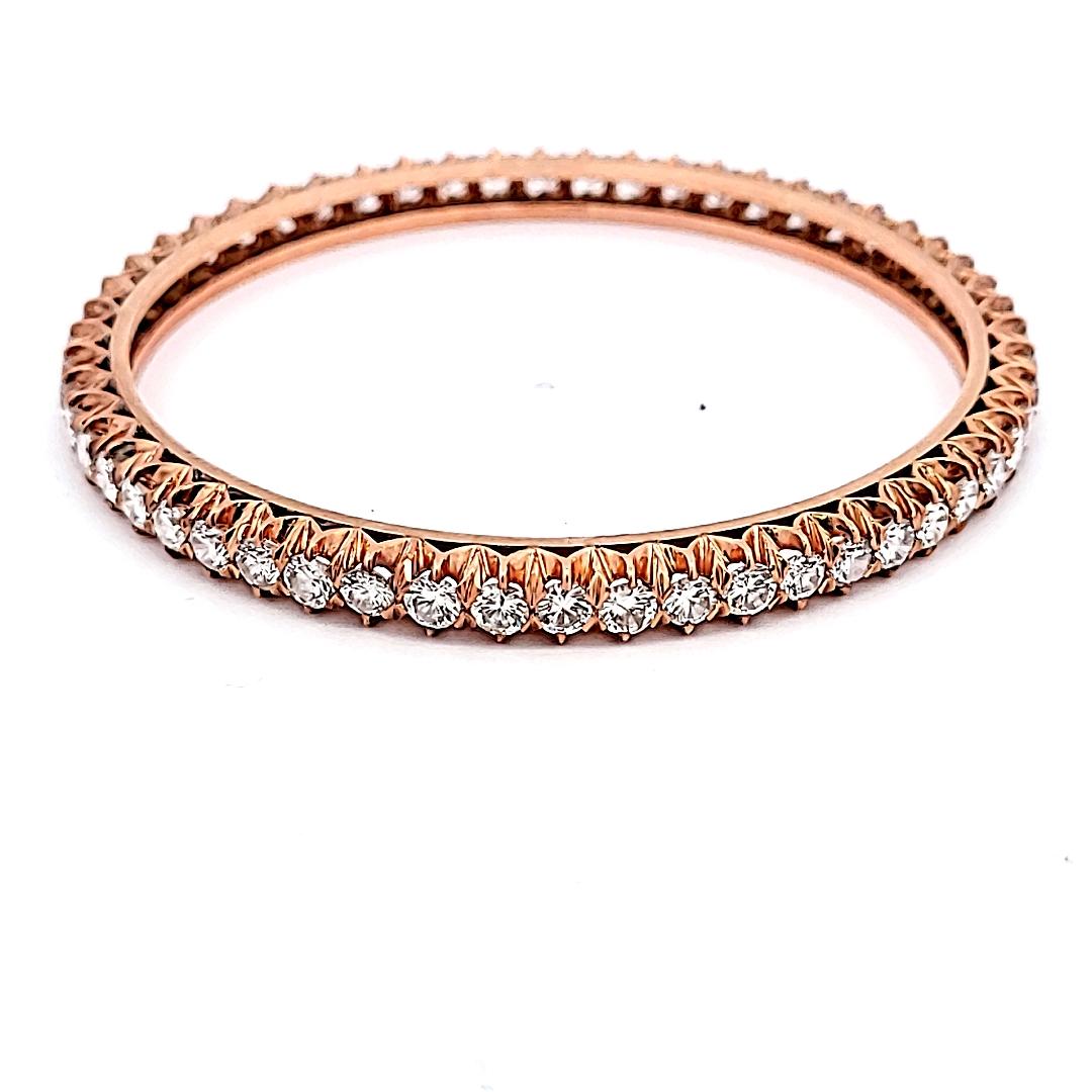 Antique 14K Rose Gold Bangle Bracelet with 8.55 Carat Round Diamonds Size 7
