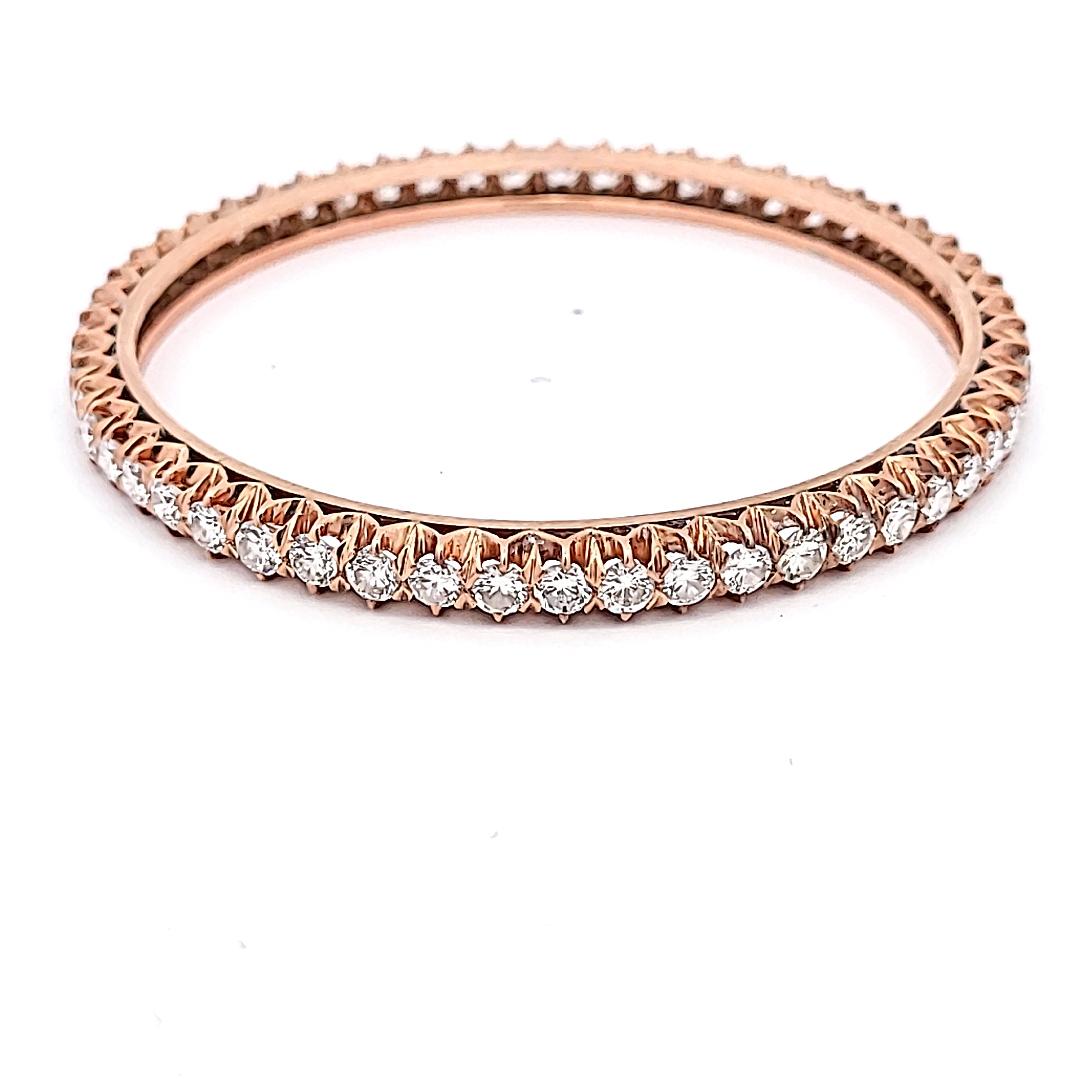 Antique 14K Rose Gold Bangle Bracelet with 8.55 Carat Round Diamonds Size 7