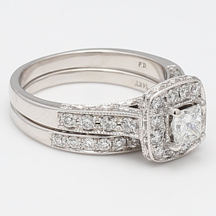 1.20 Carat Round Brilliant and Princess Cut Diamond 14K WG Wedding Ring and Band