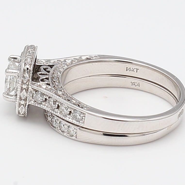 1.20 Carat Round Brilliant and Princess Cut Diamond 14K WG Wedding Ring and Band