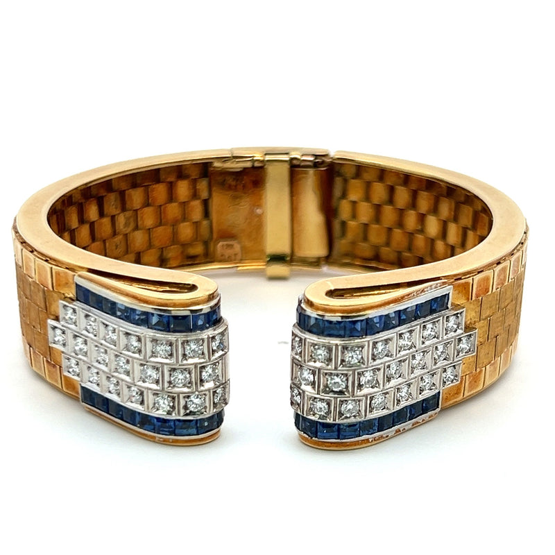 3.60 Carat Sapphire 2.94 Carat Round Diamond 18K Yellow Gold Bangle Bracelet