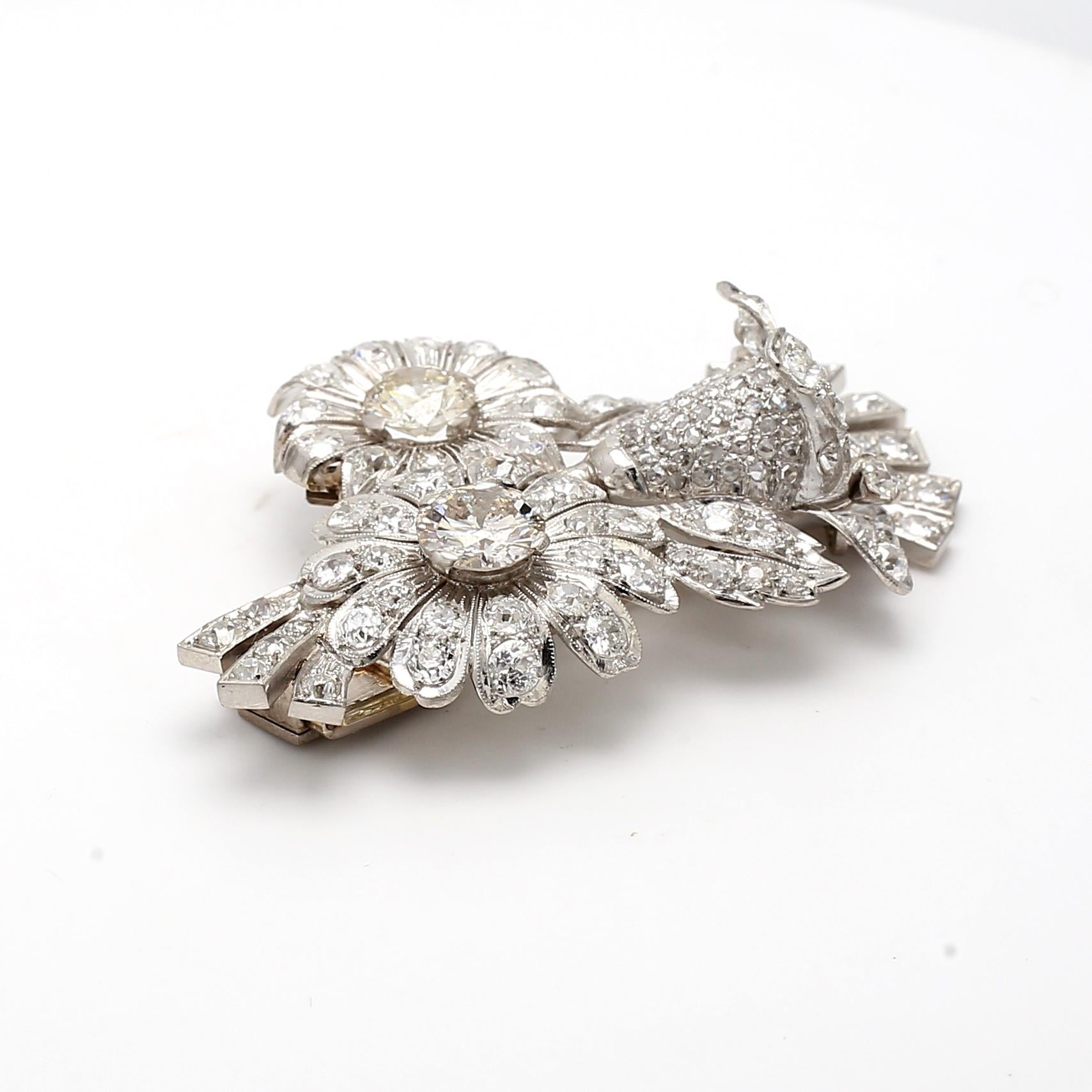 18K WG Platinum Flower Pin Brooch with 7.25 Ct Round & Old European Diamonds GIA