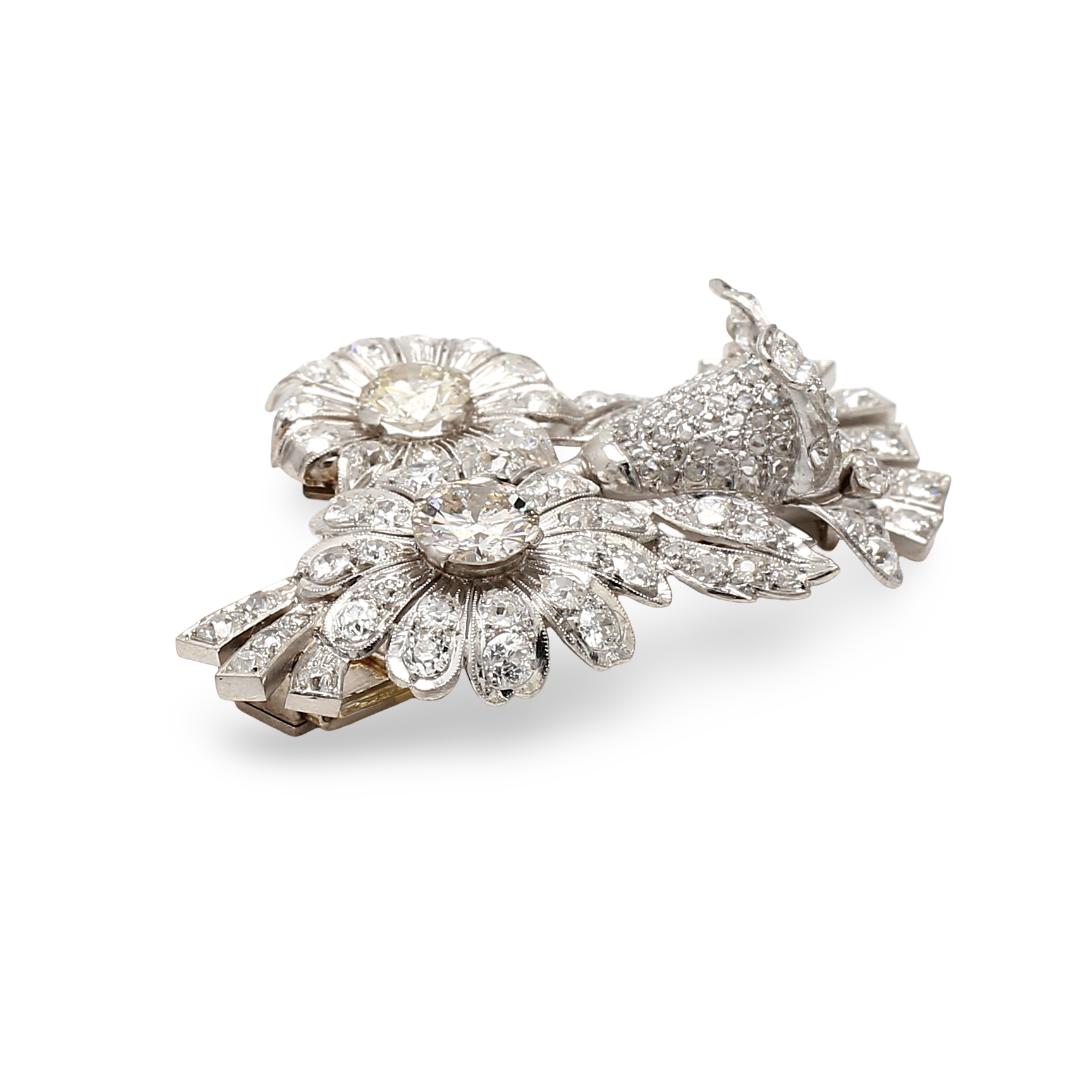 18K White Gold Pin Brooch with 7.25ct Old European Cut & Round Diamonds M I1 GIA