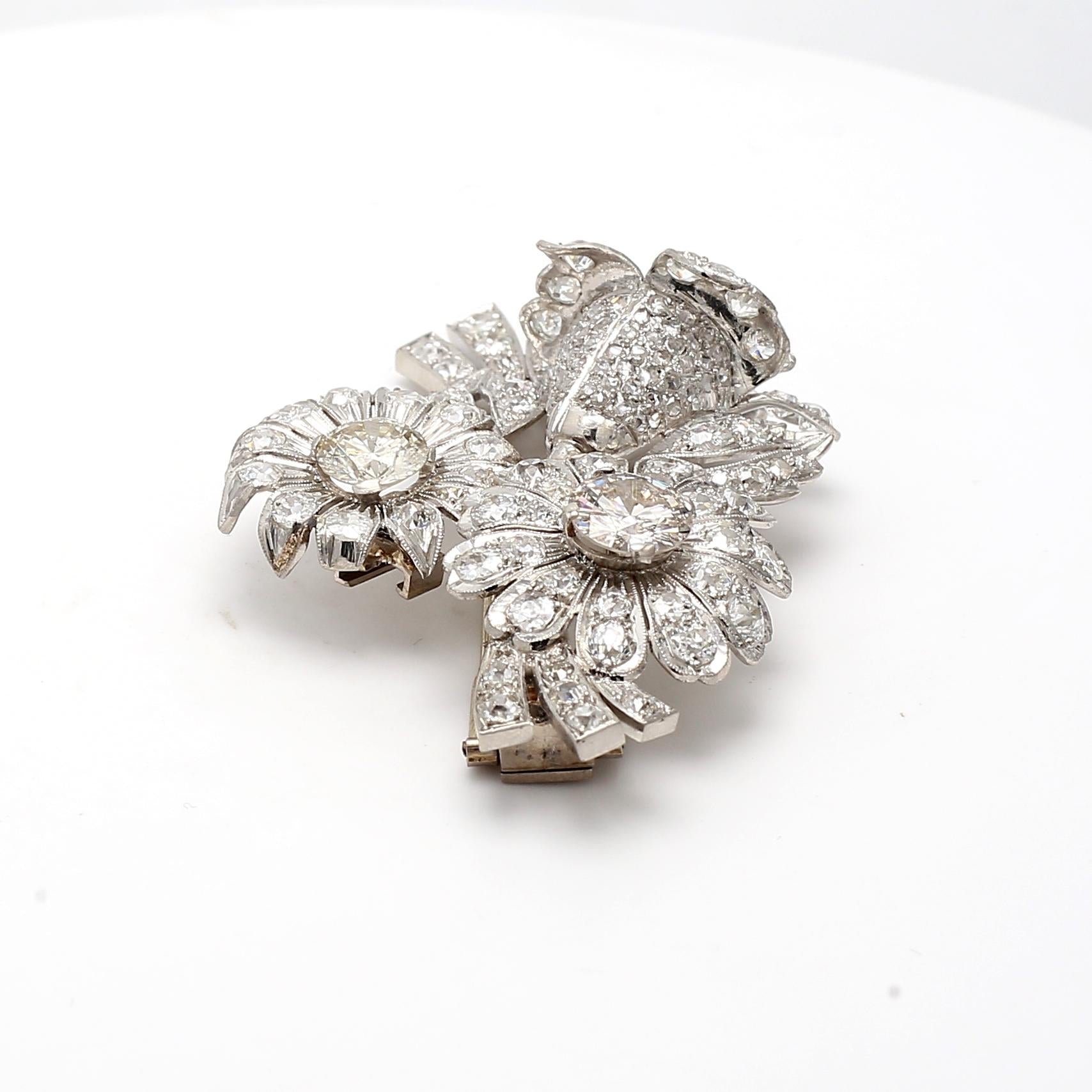 18K WG Platinum Flower Pin Brooch with 7.25 Ct Round & Old European Diamonds GIA