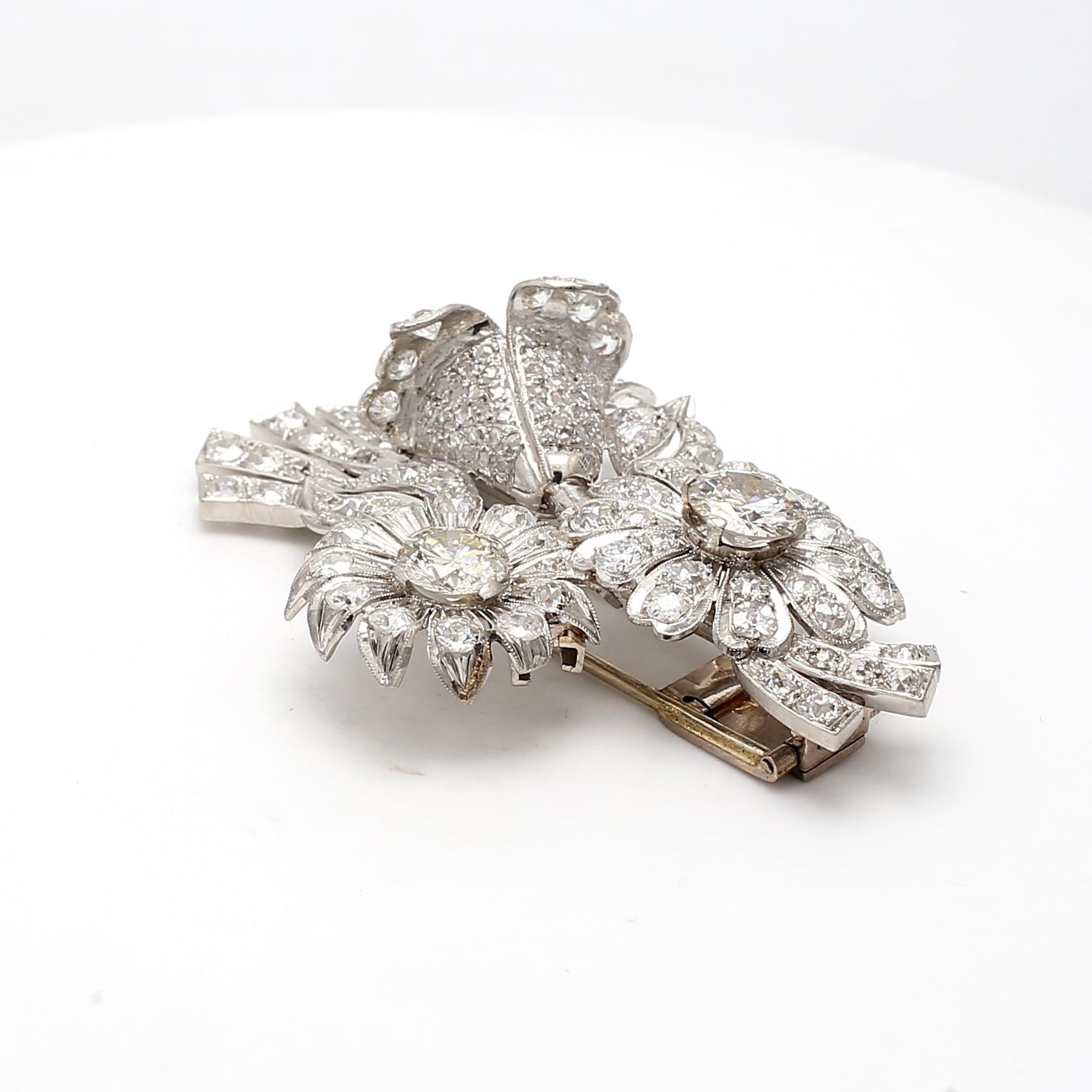 18K WG Platinum Flower Pin Brooch with 7.25 Ct Round & Old European Diamonds GIA