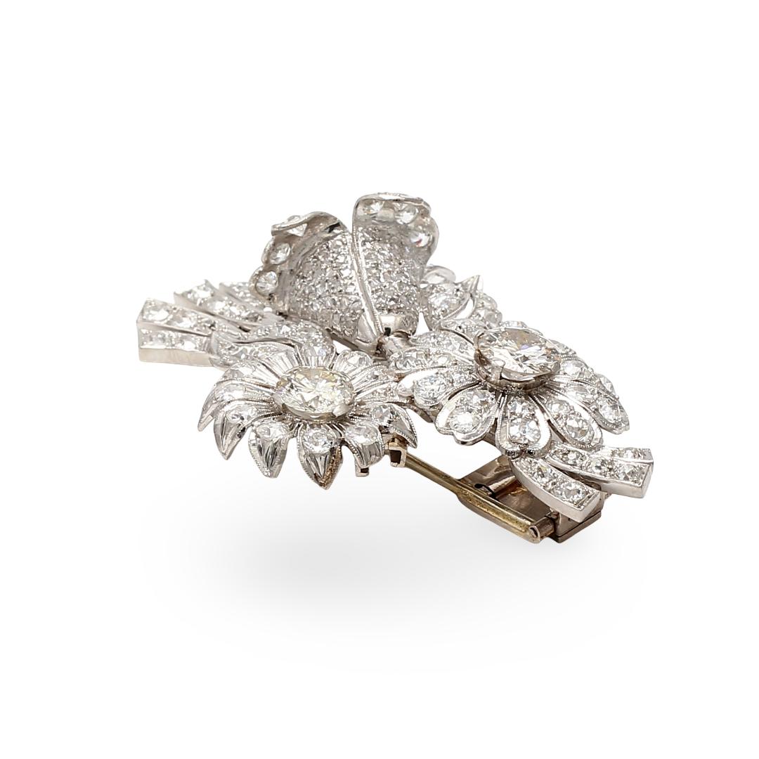 18K White Gold Pin Brooch with 7.25ct Old European Cut & Round Diamonds M I1 GIA
