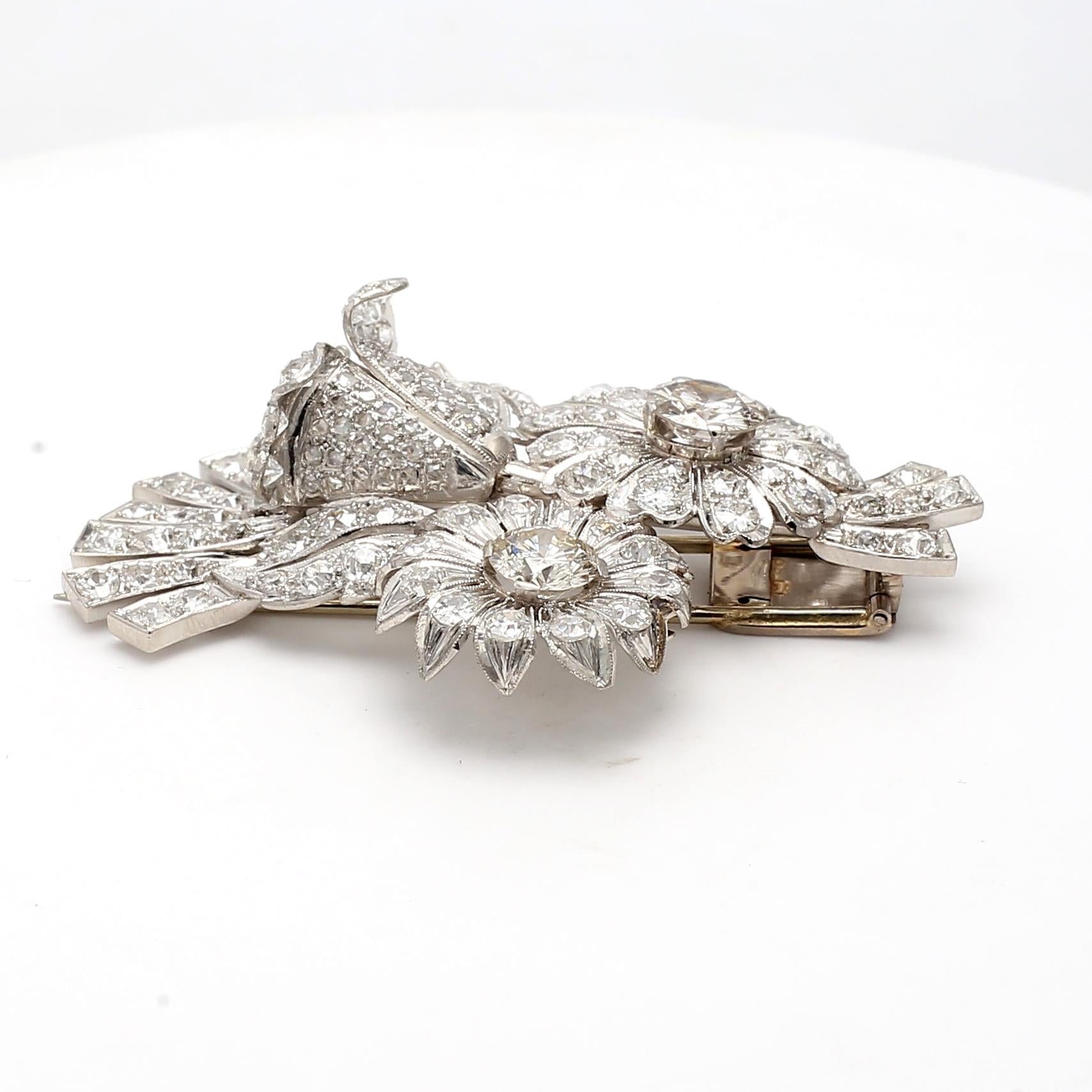 18K WG Platinum Flower Pin Brooch with 7.25 Ct Round & Old European Diamonds GIA